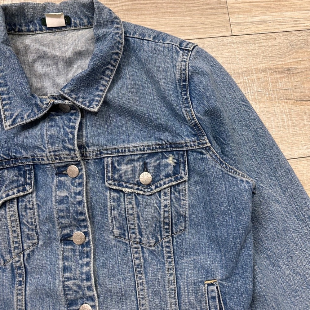 Vintage J.Crew‎ Blue Denim Trucker Jean Jacket Distressed Y2K Women's Medium - Picture 9 of 14